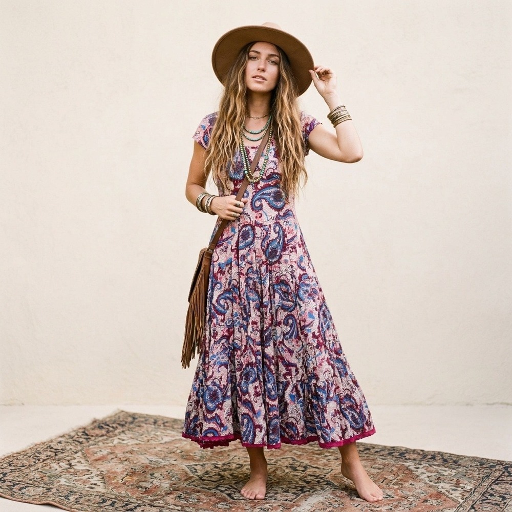 Soft Surroundings Kara Paisley Maxi Dress Large Tiered Boho Cottage Whimsical